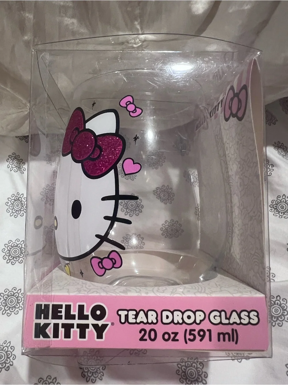 Hello Kitty Clear Tear Drop Glass with Pink Glitter Bow and Multicolor Hearts